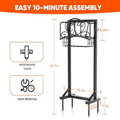 Stable Garden Hose Holder with Storage Basket and Tool Hooks, Heavy-Duty Garden Hose Storage Metal Hose Hanger Holds 160Ft, Rustproof Freestanding Water Hose Holder for Outside,Yard,Lawn,Farm - color: Black