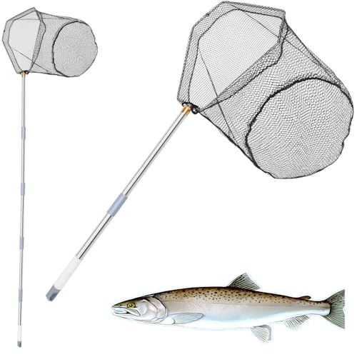 Fishing Net with Adjustable Handle, 41–85Inch Fish Net with Foldable Landing Net Suitable for Catching Salmon, Trout, Bass and Other Fish Species for Kayaking or Fly Fishing Enthusiasts