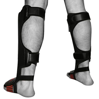 Meister Edge Leather Shin & Instep Guards w/Gel Padding (Pair) - BK - S/M | Ergonomically Designed and Gel-Enhanced, contoured high-density impact protection for MMA, Muay Thai and combat sports