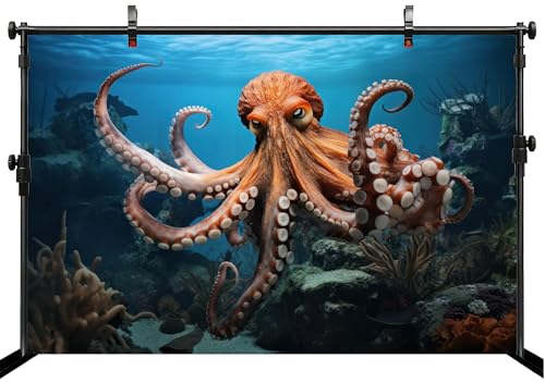 12x10ft Octopus Backdrop Underwater Coral Reef Blue Ocean Background for Marine Themed Party Birthday Aquarium Event Halloween Decor Photo Studio Booth Props Banner Wallpapers - size: 12x10FT