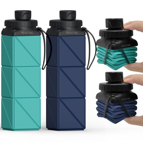 BEAUTAIL Collapsible Water Bottles 21 oz, Silicone Portable Water Bottle | BPA Free, Leakproof & Reusable, Foldable Water Bottle for Travel, Hiking, Camping, Cycling, School, 2-Pack, Blue+DarkBlue - color: Type3 Blue+Darkblue