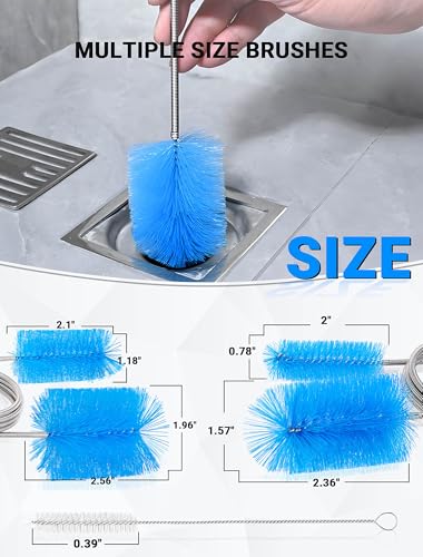 Flexible Long Drain Brush Tool with Large Double Elastic Nylon Ends, Stainless Steel Tube Cleaner Brush for Kitchen, Sink, Drain Pipe, and Long Pipe Cleaning, 2 Straw Cleaning Brushes