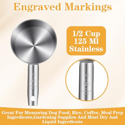6 Pcs Stainless Steel Measuring Cups 1/2 Cup - 125ml Metal Scoops for Kitchen, Baking, Coffee & Pet Food, Dishwasher Safe & Rust-Proof