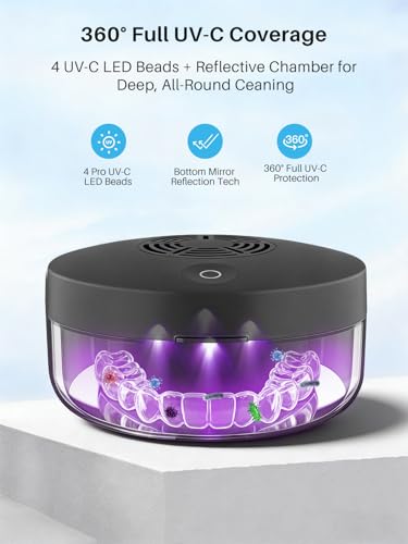 Voraiya UV Retainer Case with Fan, UVC Retainer Cleaner, Aligner Case Includes Vent Holes and Mirror, Portable Retainer Holder Box for Mouth Guard, Aligners, Night Guard (Black)