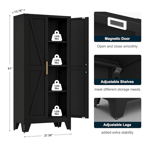 61" Tall Metal Storage Cabinet with 2 Doors and 3 Adjustable Shelves, 4-Tier Kitchen Pantry Storage Cabinet for Kitchen, Living Room, Dining Room and Office, Black