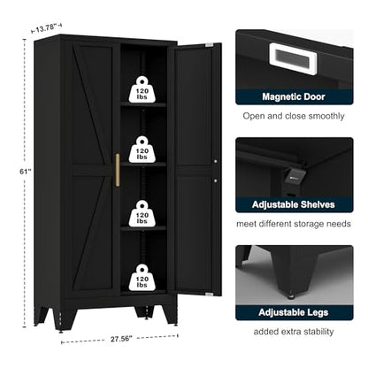 61" Tall Metal Storage Cabinet with 2 Doors and 3 Adjustable Shelves, 4-Tier Kitchen Pantry Storage Cabinet for Kitchen, Living Room, Dining Room and Office, Black