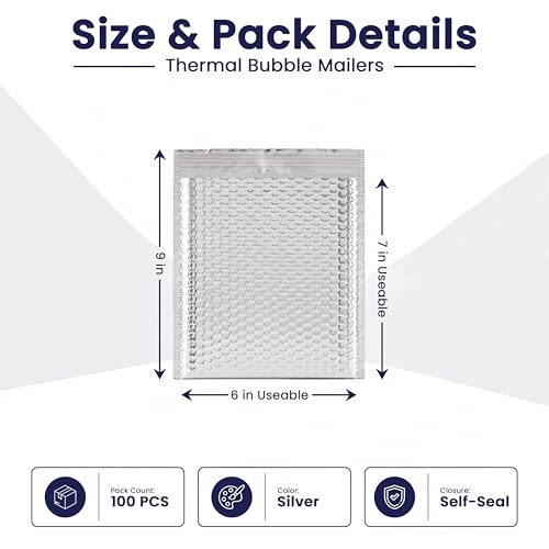 100-Pack Insulated Silver Thermal Bubble Mailers 6 x 7 - Waterproof Metallic Foil Self-Sealing Padded Envelopes for Cold Shipping, Perishables, Food, Cosmetics, Pharmaceuticals - size: 6 x 7 | 100 Qty