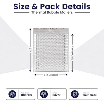 100-Pack Insulated Silver Thermal Bubble Mailers 6 x 7 - Waterproof Metallic Foil Self-Sealing Padded Envelopes for Cold Shipping, Perishables, Food, Cosmetics, Pharmaceuticals - size: 6 x 7 | 100 Qty