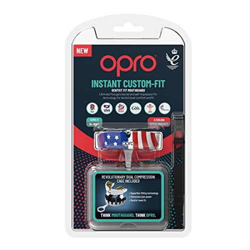 OPRO Instant Custom-Fit Mouthguard – Dentist Level Gum Shield Adult and Kids – OPRO Mouth Guard Boxing and MMA, Self-Fit Gum Shield Rugby – Maximum Protection with Dental Warranty (Black/White/Silver) - color: Usa Flag, size: Adult (10+)
