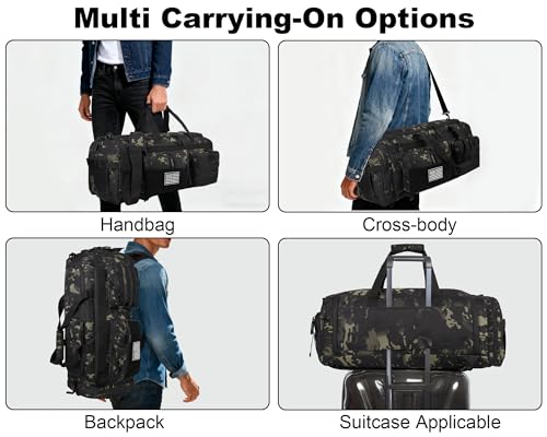 LHI 50L Tactical Duffle Bag for Men, 3-in-1 Gym Duffle and Backpack, Shoe Compartment, Laptop Sleeve and MOLLE, Carry-On Travel Weekender and Overnight Bag – Black CP Camo - color: Black CP Camo