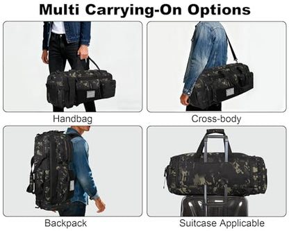 LHI 50L Tactical Duffle Bag for Men, 3-in-1 Gym Duffle and Backpack, Shoe Compartment, Laptop Sleeve and MOLLE, Carry-On Travel Weekender and Overnight Bag – Black CP Camo - color: Black CP Camo