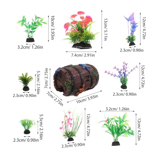 Homoyoyo 9pcs Broken Barrel Aquarium Decorations with 8 Artificial Plastic Plants Betta Fish Tank Cave Hideout Shelter Ornament for Shrimp, Goldfish, and Reptiles