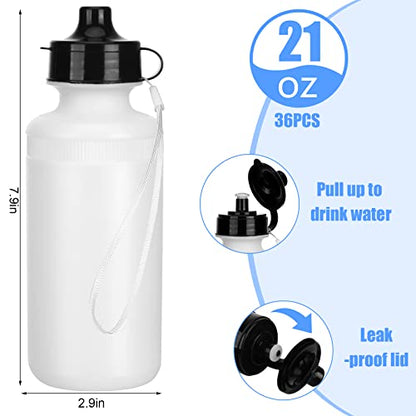 Zubebe 36 Pcs Sports Water Bottles Squeeze Bulk 21 oz | Reusable Plastic Water Bottles with Carry Strap, Back to School Supplies Summer Team Gifts for Students Travel Hiking Cycling - color: White