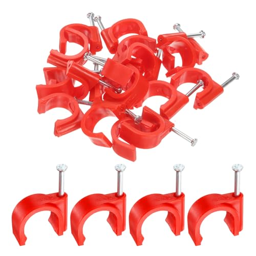 HARFINGTON 50pcs Cable Clips with Nail 20mm Thicken Circular Single Half Clamp J-Hook with Nail Cord Clips for Wires on Wall for Ethernet Tacks Coax Pex Tubing Pipe Support, Red - color: Red, size: 20mm