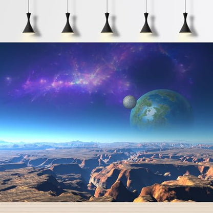 Outer Space Aquarium Background Fantasy Alien Planet Mountain and Nebula Terrarium Background Rocky Moon with Blue Atmosphere Fish Tank Background Outer Space Reptile Habitat Background 36x18in