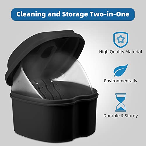 Annhua Denture Cup Retainer Cleaning Case Denture Soaking Container With Strainer Basket, Denture Cups For Soaking Dentures Mouthguard Storage Holder - Black - color: Black