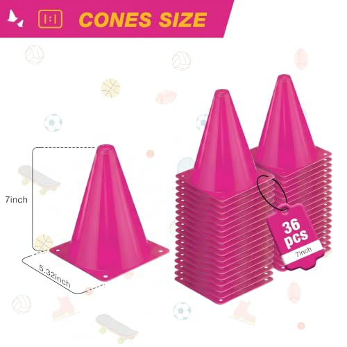 36pcs Cones 7 Inch Soccer Cones and Plastic Traffic Cones, Durable Cones for Sports Training, Ideal for Soccer, Basketball, Football, Skating, and Agility Drills Practice - color: pink