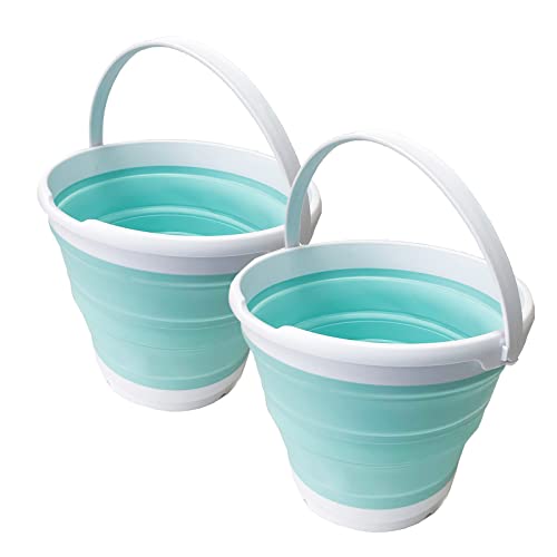 SAMMART 10L (2.6 Gallon) Collapsible Plastic Bucket - Foldable Round Tub - Portable Fishing Water Pail - Space Saving Outdoor Waterpot, Size 33cm Dia (White/Lake Green (Set of 2)) - color: White/Lake Green (Set of 2)