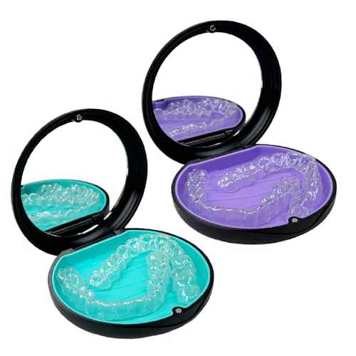 2 Pack Aligner Case with Mirror, Retainer Case for Invisalign - color: 1PC Black Cyan+1PC Black Purple