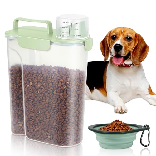 5 Lbs Dog Cat Food Storage Container with Collapsible Dog Bowls for Travel, Portable Pet Food Storage Container, Easy-Pouring Bird Seed Dispenser, Airtight Rice Cereal Oatmeal Flour Holder -Green - color: Pale Green-5L