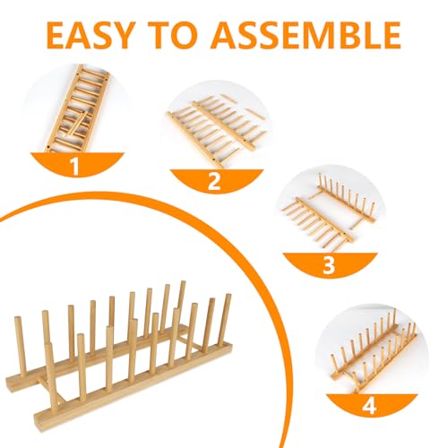 Bamboo Dish Racks 8 Slots,Wooden Plate Organizer for Cabinet Space Saver, Dish, Pots, Lids, Bowls, Cups,Cutting Boards and Books Storage (Box Included)