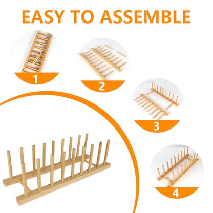 Bamboo Dish Racks 8 Slots,Wooden Plate Organizer for Cabinet Space Saver, Dish, Pots, Lids, Bowls, Cups,Cutting Boards and Books Storage (Box Included)