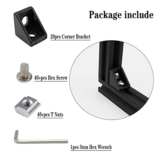 20pcs Black 2020 Series 1720 Aluminum Profile Corner Bracket with 40pcs M5 T Nuts +40pcs M5 Screws + 1pcs Wrench for Slot 6mm 20S Aluminum Rail Accessories (20PCS 1720 Corner Bracket) - style: 20PCS 1720 Corner Bracket black