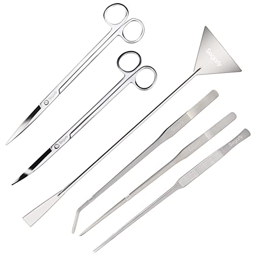 Segarty Aquarium Aquascaping Tools, 6 in 1 Stainless Steel Silver Aquascaping Tools Kit for Aquatic Plant Fish Tank, Long Scrapers Spatula Feeding Tweezers Curved Straight Scissors Aquarium Tools