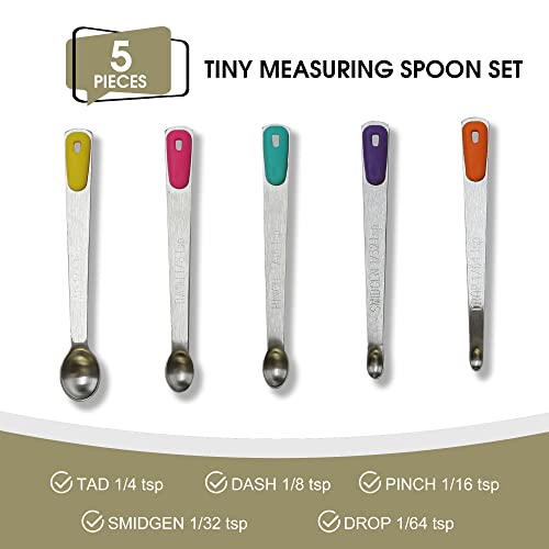 Mini Measuring Spoons Set, Tiny Stainless Steel Measure Teaspoons with Silicone Handle, Suitable for Small Amount of Dry or Liquid Ingredients and Spices (1/64, 1/32, 1/16, 1/8, 1/4 tsp) - color: Mix-color