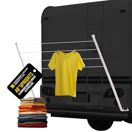 Stromberg Carlson CL-100 Bumper Mounted Clothesline - 48" aluminum foldable travel drying rack for RV Bumper, camper, and outdoor use; 84" hanging space, ideal RV clothesline and camping laundry rack.