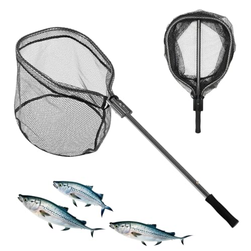 Floating Fishing Net for Steelhead, Salmon, Fly, Kayak, Catfish, Bass, Trout Fishing, Rubber Coated Landing Net with Fixed or Telescoping Pole Handle - color: Black PVC Net