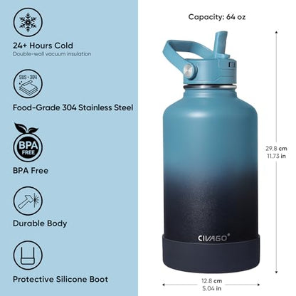 CIVAGO 64 oz Insulated Stainless Steel Water Bottle with Removable Straw | Half Gallon Large Leakproof Water Jug, Big Metal Sports Flask Cup with Bucket Handle, Silicone Boot, Dishwasher Safe, Navy - color: .Navy, size: 64 Ounces