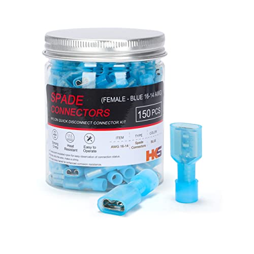 HKS 150PCS Nylon Female Spade Quick Disconnect Connector - Blue 16-14 AWG Electrical Wire Connectors Kit - Tinned Copper - Cold-Pressed Wire Terminal Automotive Crimp Insulated