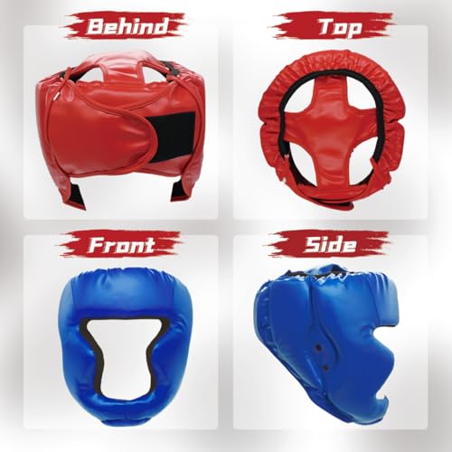 Boxing Gloves and Headgear Set for Adults 2 Pair Gloves and 2 Head Guards - color: BlueRed
