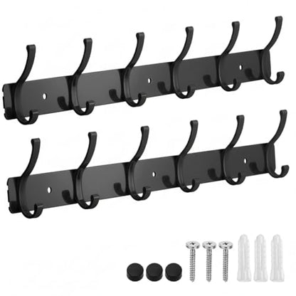 Wall Mount Coat Rack 2 Pack, Black Coat Hooks Hanger with 6 Double Hooks - color: Black, size: 2 Pack(6 hooks)