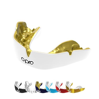 OPRO Instant Custom-Fit Mouthguard – Dentist Level Gum Shield Adult and Kids – OPRO Mouth Guard Boxing and MMA, Self-Fit Gum Shield Rugby – Maximum Protection with Dental Warranty (White/Gold) - color: White/Gold, size: Youth (Under 10)