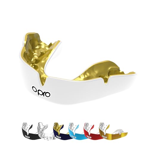 OPRO Instant Custom-Fit Mouthguard – Dentist Level Gum Shield Adult and Kids – OPRO Mouth Guard Boxing and MMA, Self-Fit Gum Shield Rugby – Maximum Protection with Dental Warranty (White/Gold) - color: White/Gold, size: Youth (Under 10)