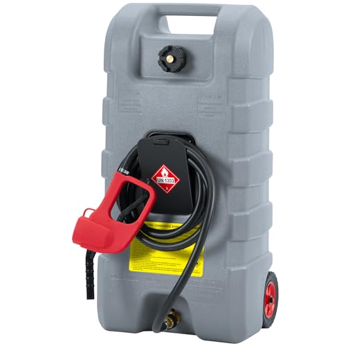 Fuel Caddy 14 gal, Portable Gasoline Tank Container With Manual Fuel Transfer Pump & 10 ft Long Hose, Gasoline Diesel Fuel Storage Tank On-Wheels, Portable Gas Tank for Cars, Lawn Mowers, Boats, Grey