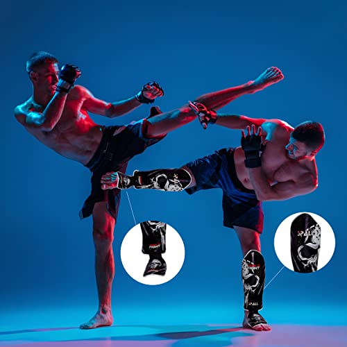 Spall Pro US Muay Thai Guards Shin Guards for Kickboxing Martial Arts BJJ Boxing Sparring with MMA Foot Protector - Born to Fight Black (X-Large)