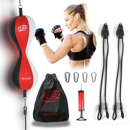 Flex Dual Double End Punching Bag and Extra Adjustable Bungee Cords Bundle - Complete Home & Gym Exercise Equipment Set for Men & Women