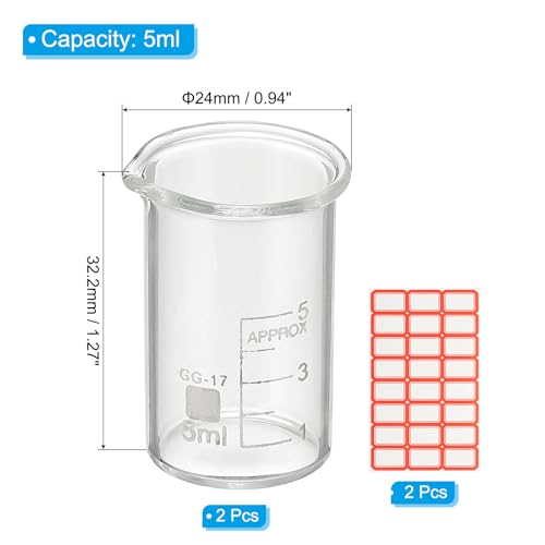 PATIKIL 5ml Glass Beaker, 2 Pack Measuring Glass Beaker Graduated Borosilicate Lab Cups Mug Low Form Heat Safe Transparent with Spout Label for Laboratory Science Kitchen Liquids - size: 5ml