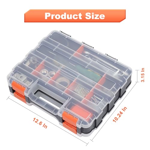 Small Parts Organizer, 34 Compartments Double Side Tool Box with Removable Dividers and Transparent Lid, Plastic Tackle Box Organizer for Hardware, Screws, Bolts, Nails, Nuts, Beads, Jewelry, Orange