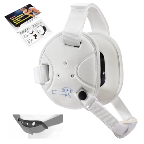 Trymaker Wrestling Headgear, Head Gear for Youth with Chin Cup & Pad - color: White Headgear & White Strap