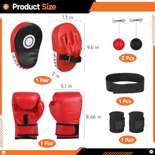 Boxing Equipment Set with Boxing Gloves, Punching Mitts, Boxing Reaction Ball, Hand Guards, Adjustable Headband, Flame Design Young Athlete Boxing Gloves for Boxing, MMA, Martial Arts Training