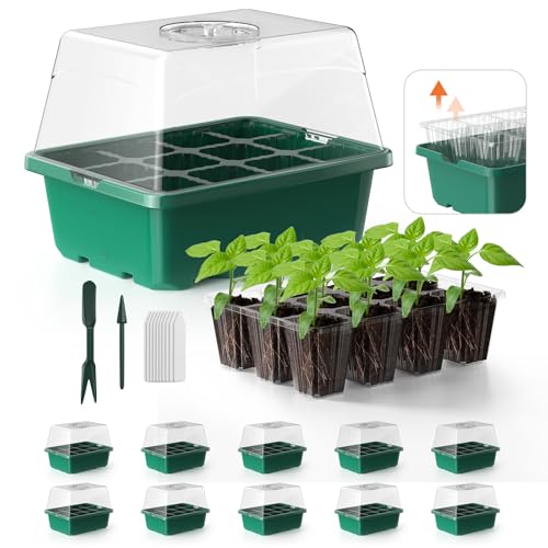 Seed Starter Tray, 10PCS Seed Starter Kit, Seedling Starter Trays with Heightened Lids for Seed Staring, Indoor Gardening Plant Germination Trays (12 Cells per Tray) Green - color: Green, size: 10 packs