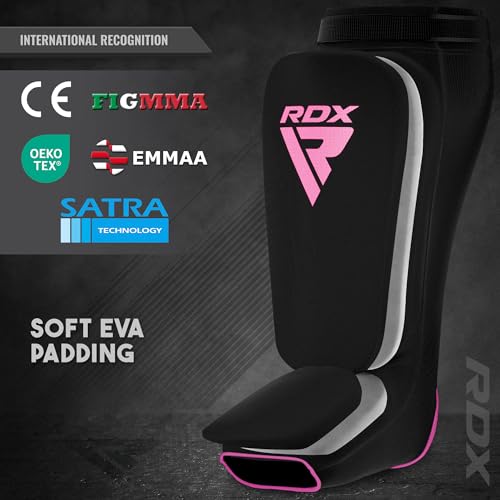 RDX Shin Guards Kickboxing Muay Thai, SATRA Approved, MMA Leg Instep Protection Pads, Sparring Training Martial Arts Boxing, Elasticated Padded Protector, Karate BJJ Taekwondo Gear, Men Women - color: Black Pink, size: Large