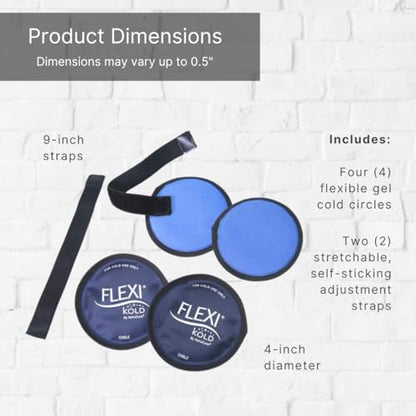 FlexiKold Gel Ice Pack Circles w/Straps (4 Pack) - Small Ice Packs, Reusable Ice Pack for Injuries, Ice Packs Reusable, Breastfeeding, Wisdom Teeth, Sinus Headaches - 6304-STRAP4PK by NatraCure - style: Circles (4" Round)