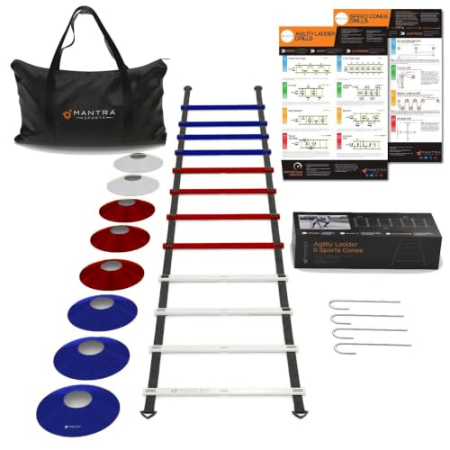 Agility Ladder Set, 12-Rung Speed Ladder + Training Cones, Soccer Training Equipment, Footwork Drills Kit, Speed & Agility Equipment, Football Practice Equipment, Basketball Gear - color: Red, White and Blue
