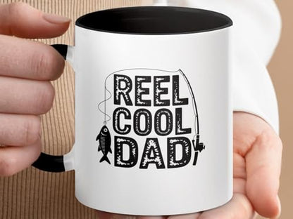 Funny Fishing Gift for Dad Mug, Reel Cool Father Coffee Cup, Fisherman Present from Kids, Fathers Day Idea, Birthday Surprise for Him, Humor Drinkware For Father (11 oz White)