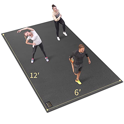 GXMMAT Extra Large Exercise Mat 16'x6'/12'x6'/10'x6'/8'x6'(7mm), Extra Wide Workout Mats for Home Gym Flooring, Non-Slip Thick Durable Cardio Mat for MMA,Plyo,Jump Rope,Weights,Fitness,Shoe-Friendly - color: Black Real, size: 6*12 FT